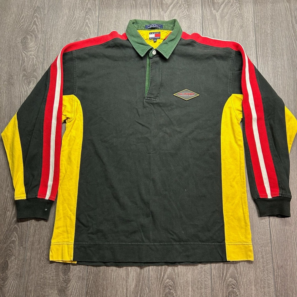 Vintage 90s Tommy Hilfiger Athletic Gear Rugby Shirt XL Colorblock Green Yellow